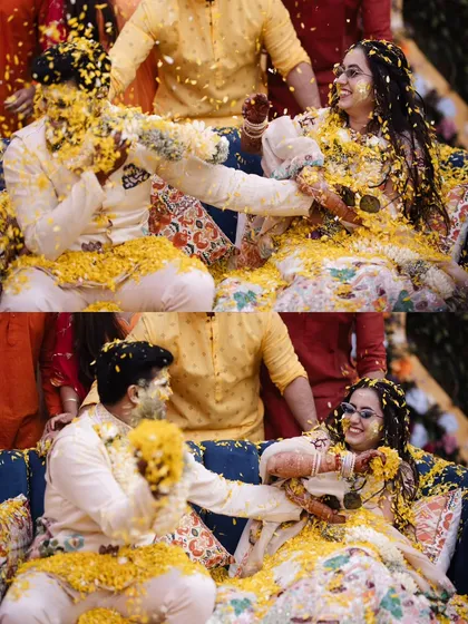 A collage capturing the playful haldi fight between the bride and groom, surrounded by a shower of yellow flower petals.