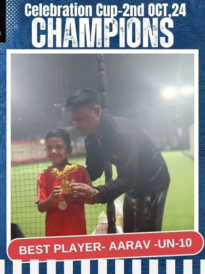 Aarav is recognized as the Best Player in the Under-10 category at the Celebration Cup. His performance demonstrates the technical skill and game awareness we teach in our youth programs.