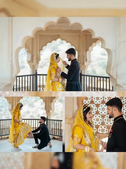 A collage from Sunil and Shalini's royal-themed shoot, featuring them in traditional yellow Rajputi attire with props like a sword.