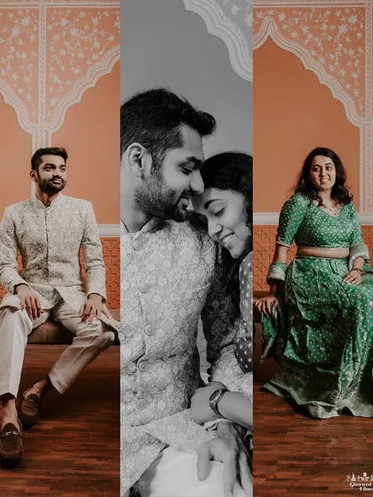 This triptych combines individual portraits with an intimate black and white central image. It's a modern way to tell a story within a single frame, highlighting both individual style and shared connection.