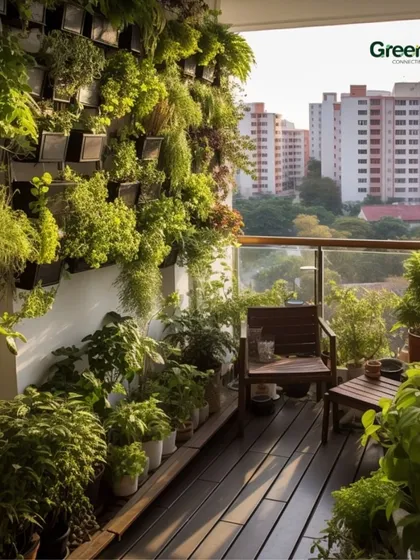 This balcony is a perfect example of an urban jungle. A dense arrangement of various plants, including a vertical garden, creates a private, lush escape with a beautiful city view.