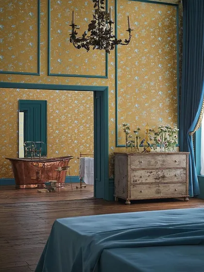 From our 'Selection of Hummingbirds' collection, this mesmerizing design is shown in a breathtaking new Blue and Gold colorway. The elegant pattern transforms this bedroom and adjoining bath into a sanctuary of vibrant beauty and grace.