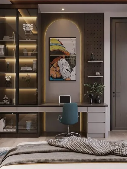 Another view of the home office concept, highlighting the ample storage provided by the glass-door cabinets and drawers. The warm lighting and dark wood finish create a professional yet cozy atmosphere.