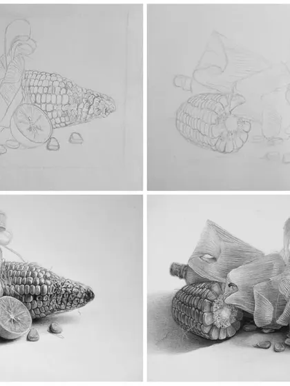 Step-by-step process of the corn and lemon still life. This collage shows the progression from a light sketch to a fully shaded and detailed artwork.