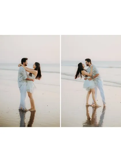 Dancing on the shoreline as the sun goes down. These two frames capture the playful and romantic spirit of a pre-wedding shoot on the beach.