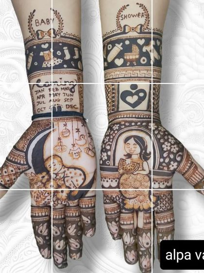 This detailed baby shower mehendi includes a calendar to mark the due date, a sleeping baby, and a portrait of the mom-to-be.