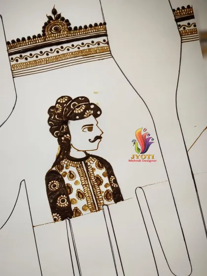 This practice sheet shows a groom's portrait, another essential element of bridal mehndi. We cover details like the turban and traditional clothing.