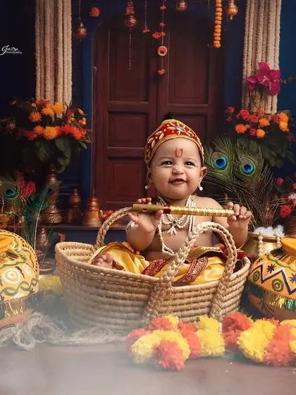 Another delightful shot from the Janmashtami series. This little Krishna sits happily in a basket, holding his flute and smiling for the camera.