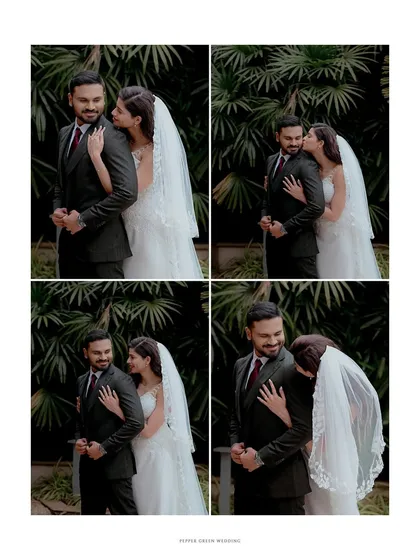 A collage of sweet, playful moments between the bride and groom, showcasing their loving and fun relationship on their wedding day.