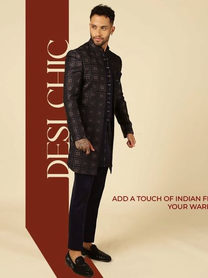 Desi chic. This black patterned Indo-Western jacket is a sophisticated way to add Indian flair to your wardrobe, perfect for a formal event.