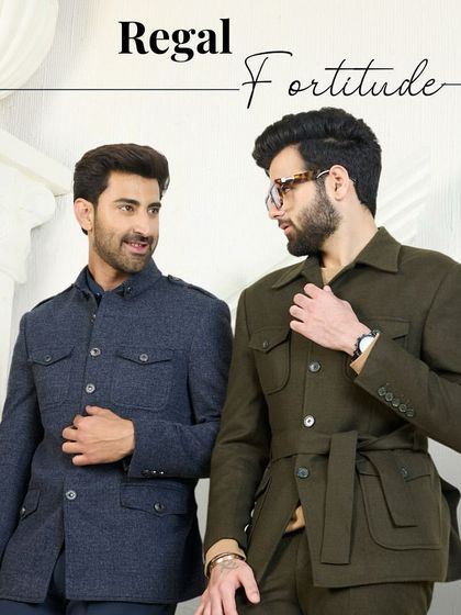 Regal Fortitude. This image showcases two of my signature co-ord sets, one in olive green and the other in textured navy, embodying a blend of elegance and refined masculinity.