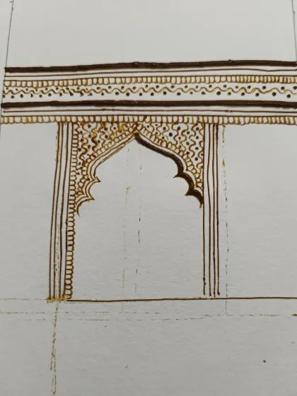 This is how a complex design begins, with a simple, clean outline. I started with the architectural jharokha arch, which serves as the frame for the entire piece.