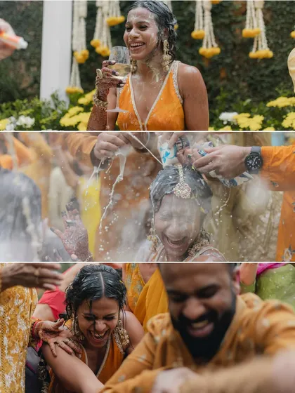 The Haldi ceremony is all about fun, joy, and a little bit of mess. We chose a vibrant, custom-made patiala suit that was both beautiful for pictures and practical for the celebrations.