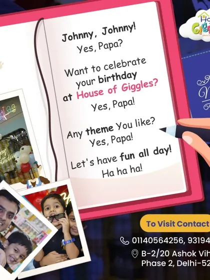 Johnny, Johnny? Yes, Papa! This playful graphic uses a familiar nursery rhyme to show how much kids want to celebrate their birthday at House of Giggles. Let's have fun all day!