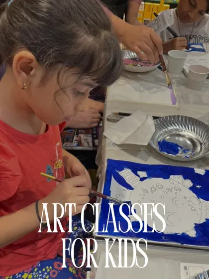 A close-up shot of a child focused on her painting, with the text "ART CLASSES FOR KIDS." This highlights my specialized classes designed for young, developing artists.