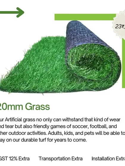 A product shot of a 20mm grass roll. This turf can withstand a lot of wear and tear.