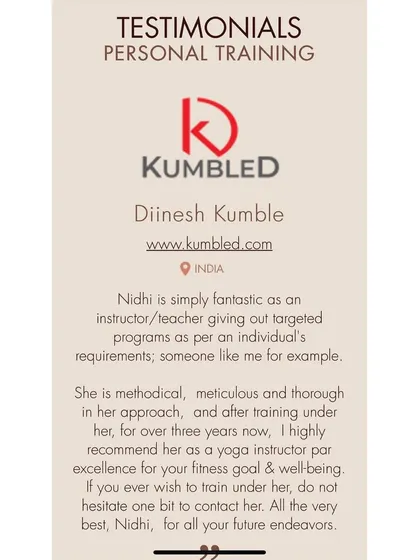 Diinesh's testimonial means a lot, as he has been training with me for over three years. His experience speaks to my methodical and thorough approach to helping clients achieve their fitness and well-being goals.