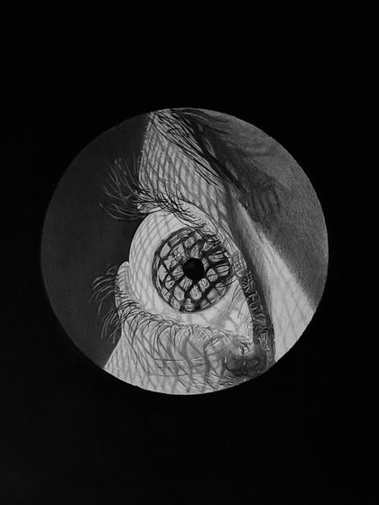 This eye drawing has a unique cross-hatching pattern reflected in the pupil, adding a layer of complexity and mystery to the piece.