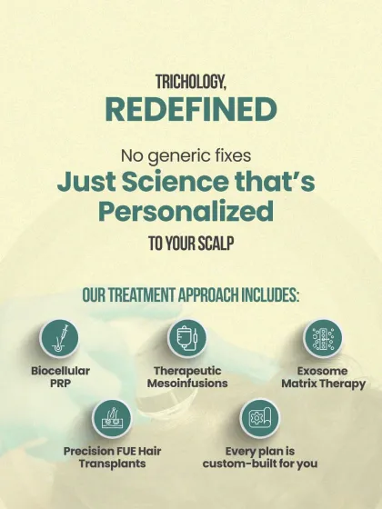 My approach to trichology is not about generic fixes. I use a combination of advanced, personalized treatments like Biocellular PRP, Therapeutic Mesoinfusions, and Exosome Matrix Therapy, all based on a custom plan for your scalp.