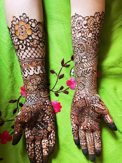 A side-by-side comparison of two different but complementary designs for a wedding party.