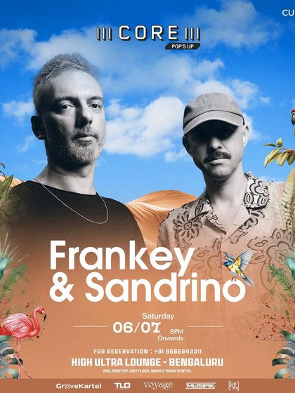 A poster for a "Core" pop-up with Frankey & Sandrino. The tropical, vibrant artwork suggests a warm, melodic, and organic house music vibe.