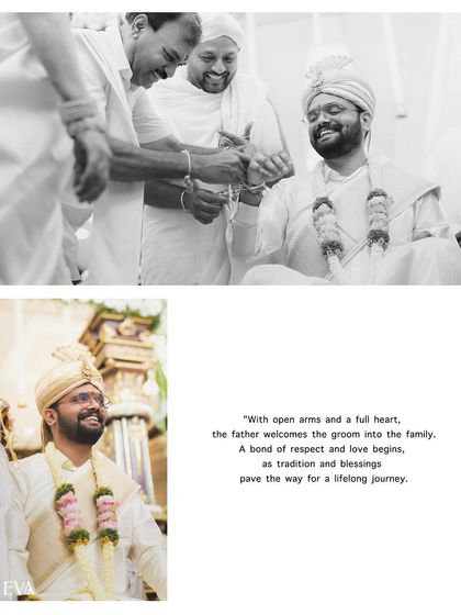 A touching black and white collage showing the father welcoming the groom into the family, a moment filled with respect and love.