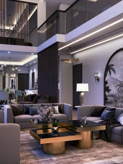 Day and night views of a double-height living and dining area. These renders show how the space transforms, with the night view highlighting the artificial lighting scheme and creating a more intimate mood.