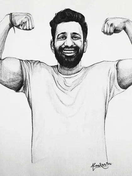 A graphite pencil sketch of fitness personality Rajat Dalal. I focused on capturing the muscle definition and his powerful, smiling expression.