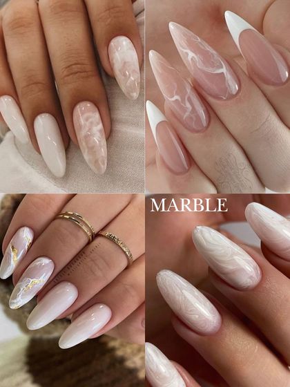Marble nails mimic the look of natural stone and are a beautiful way to add subtle artistry to your manicure. This collage shows different marble designs, from classic white to styles with gold veining.