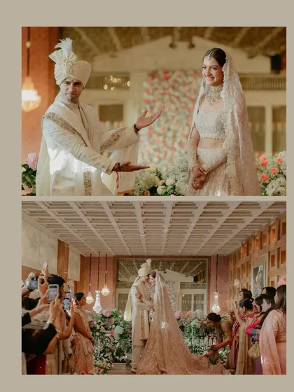 A collage capturing the key moments of Suchita and Nisarg's ceremony. From the groom's emotional reaction to the couple's heartfelt kiss, this series tells the story of their beautiful indoor wedding in Mumbai.