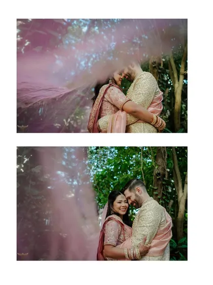 A diptych showing two perspectives of a romantic embrace with a pink smoke effect. It captures both the intimate connection and the dreamy, artistic atmosphere of the moment.