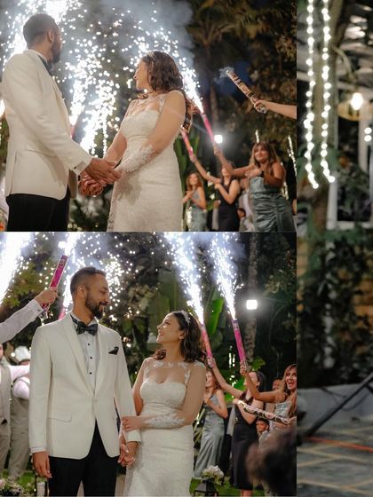 A celebratory moment with cold pyro fireworks. This collage captures the excitement of a couple's entrance at their evening reception.