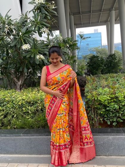 The vibrant patterns of the Ikkath saree are perfect for both festive occasions and stylish workwear.