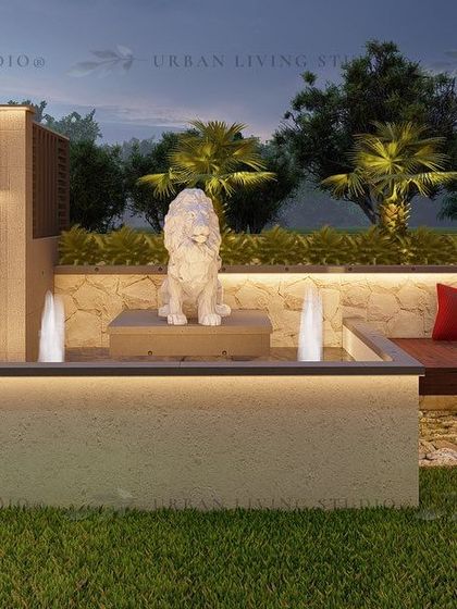 A beautiful water feature with a lion sculpture is the centerpiece of this design. The integrated bench and soft lighting create a regal yet relaxing corner.