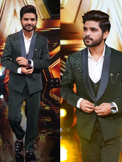 Singer Pawandeep Rajan looking dapper on set in our dark green tuxedo. The unique shoulder embellishment and sleek design make this a standout piece for any formal event.
