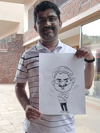 A full-body caricature of a guest, capturing his pose and style.