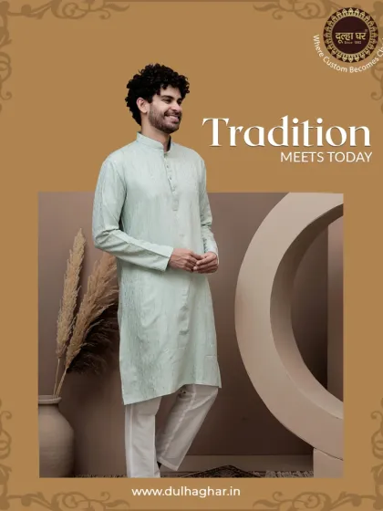 Tradition meets today in this mint green textured kurta. The modern, clean silhouette is perfect for the contemporary man.