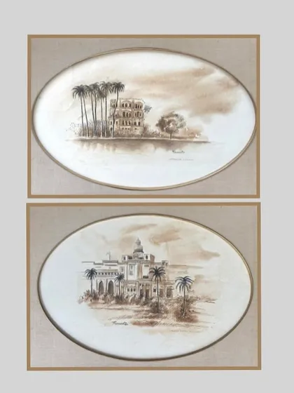 A pair of watercolour and pen on paper works by Phaneendra Nath Chaturvedi, titled 'Splendours of Lucknow'. The set includes depictions of Sathkanda and Chhatar Manzil, two iconic heritage buildings.