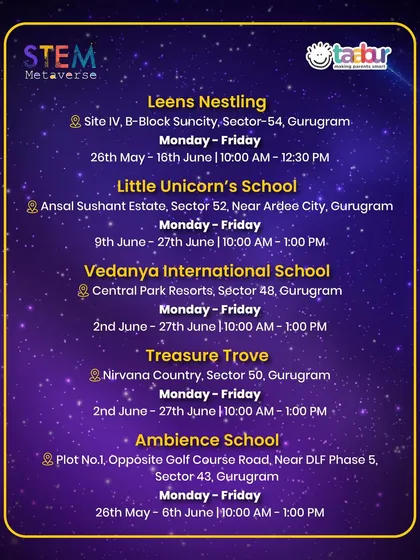 Here are the multiple locations for the STEM Metaverse summer camps, including schools in Gurugram. I make sure to find convenient options for you across the city.