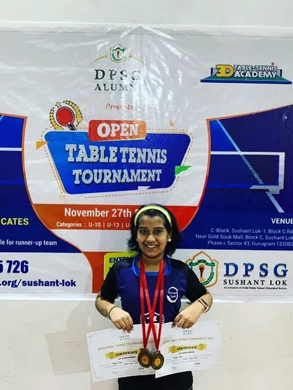 Varya Jain, one of our rising stars, showcasing her two gold medals from the DSG Open Table Tennis Tournament. She dominated both the under 10 and under 13 girls' categories.