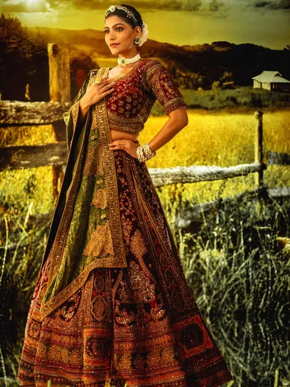 This shot places the model in a beautiful, rustic field at sunset. The entire scene is projected, and the lighting is crafted to match the warm, golden tones of the background.
