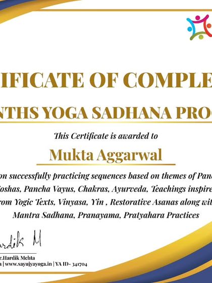 A certificate for a graduate of our 4-month Yoga Sadhana program. This represents successful practice of sequences based on Pancha Koshas, Chakras, Ayurveda, and more.
