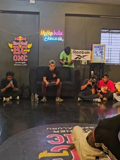 A b-boy mid-move during the Red Bull BC One cypher at our studio.