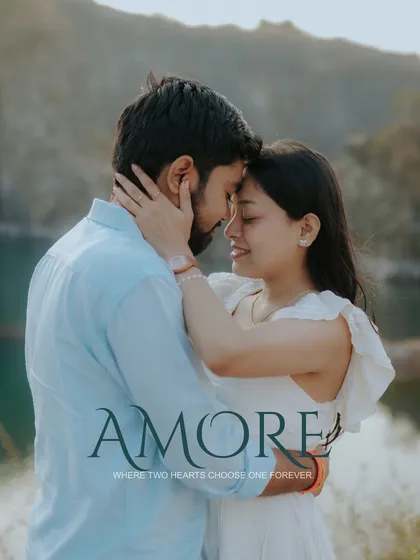 Close enough to hear your heartbeat. This intimate pre-wedding portrait focuses on the tender connection between two people, a soft and romantic moment captured against the backdrop of a beautiful mountain lake.