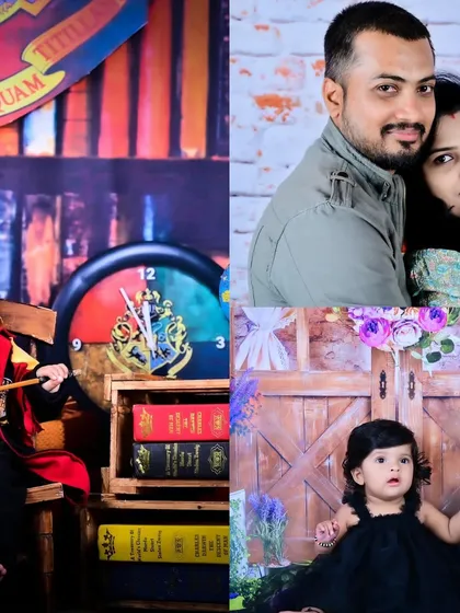 A collage showing a Harry Potter theme, a family portrait, and a floral theme.
