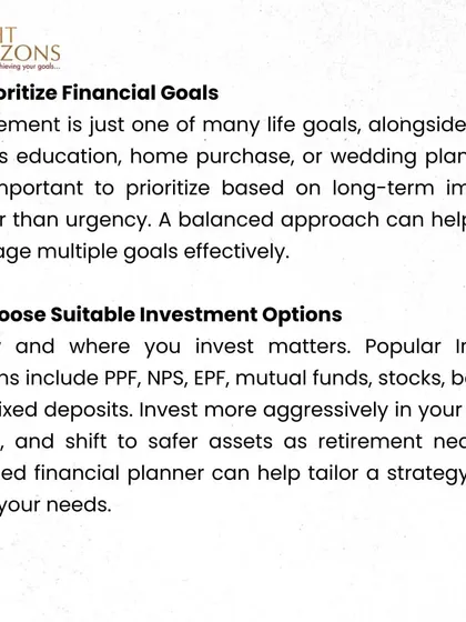 An excerpt from our Weekly Bulletin on retirement planning. This section covers prioritizing financial goals among others like education and home purchase, and choosing suitable investment options like PPF, NPS, and mutual funds.
