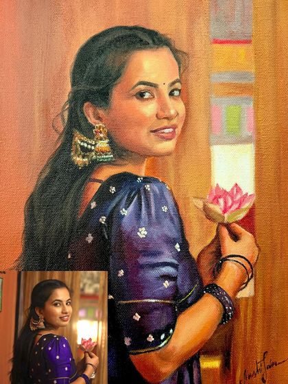 A before-and-after look at the portrait of the woman with the lotus, showing the original photo for comparison.