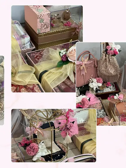 A collage of my top bridal trousseau designs. I focus on blending luxury, tradition, and style with elements like floral arrangements, elegant bags, and ornate trays.