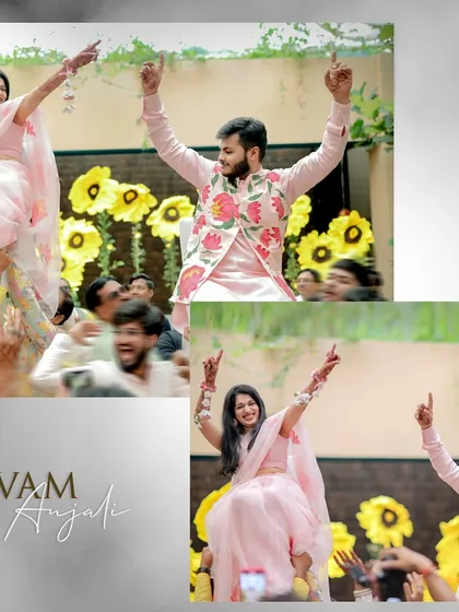 The bride and groom are lifted up by their friends and family, celebrating with pure energy and joy during their Haldi function.