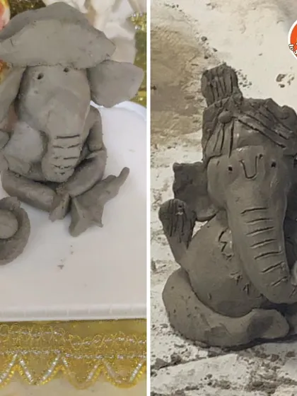 A side-by-side look at two different Ganesha idols made in our workshop, showcasing the unique creativity of each artist.